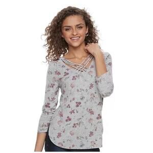 Juniors Cloud Chaser Gray Floral Cross Front Tee